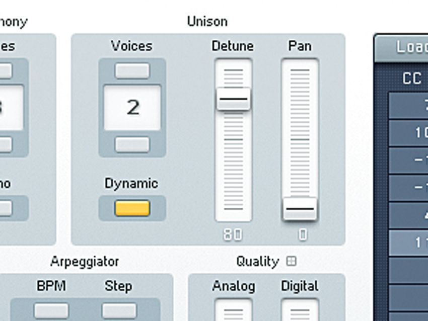 The sound so far vaguely resembles many of the hollow sounds that were popular during the early '90s rave scene, and so it's not too dissimilar from some of the sounds that Jack Smooth, Andy C or The Prodigy might have used. To take it Full Throttle, go back to the Master page, set the Unison Voices to 2 and whack the Detune up to 80. That's the stuff!