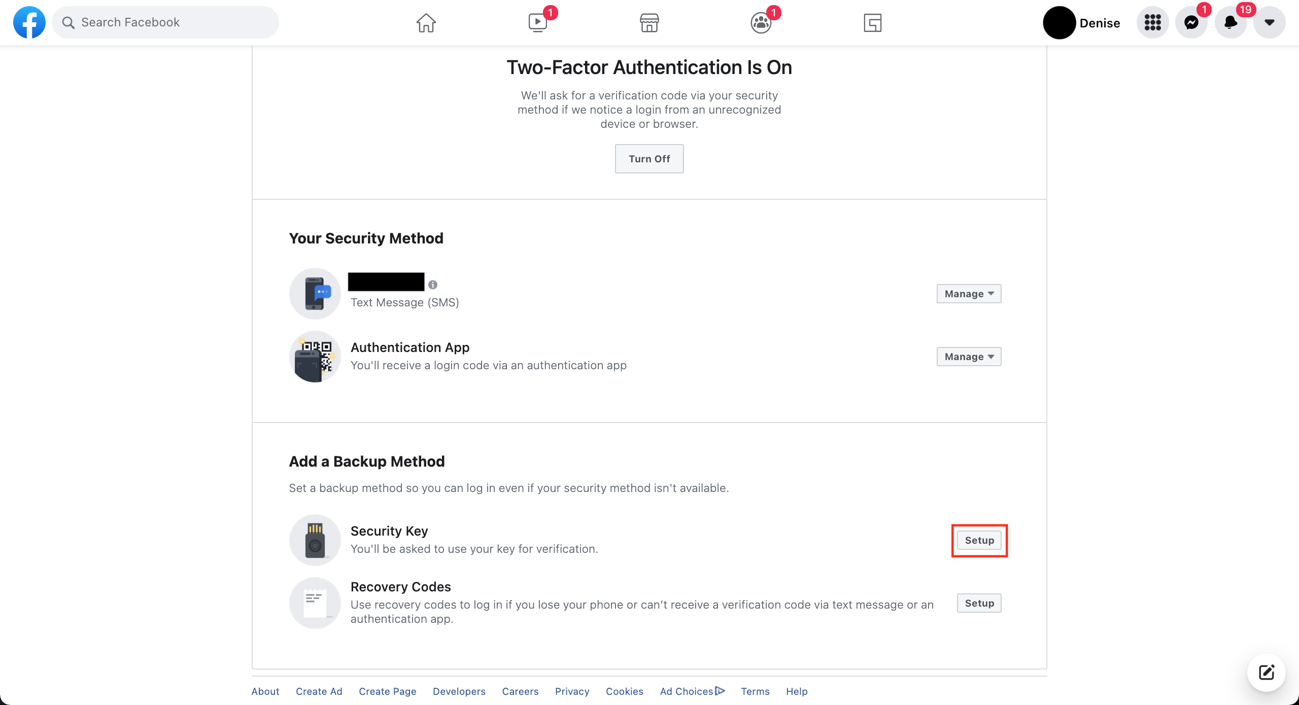 How to set up two-factor authentication on Facebook using a browser