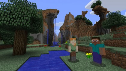 Characters in Minecraft next to a pond and a tree