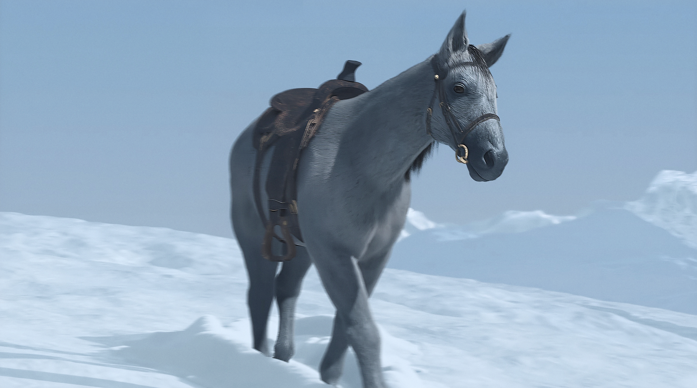 A horse animated by AI, walks in the snow