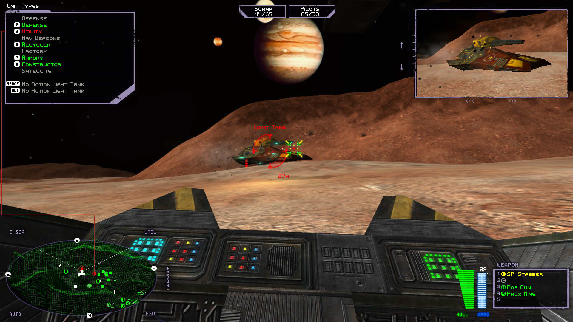 A first-person view from a space tank, showing Jupiter on the horizon.