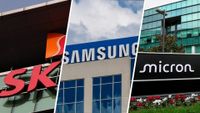 SK Hynix, Samsung, and Micron signs in front of company buildings.
