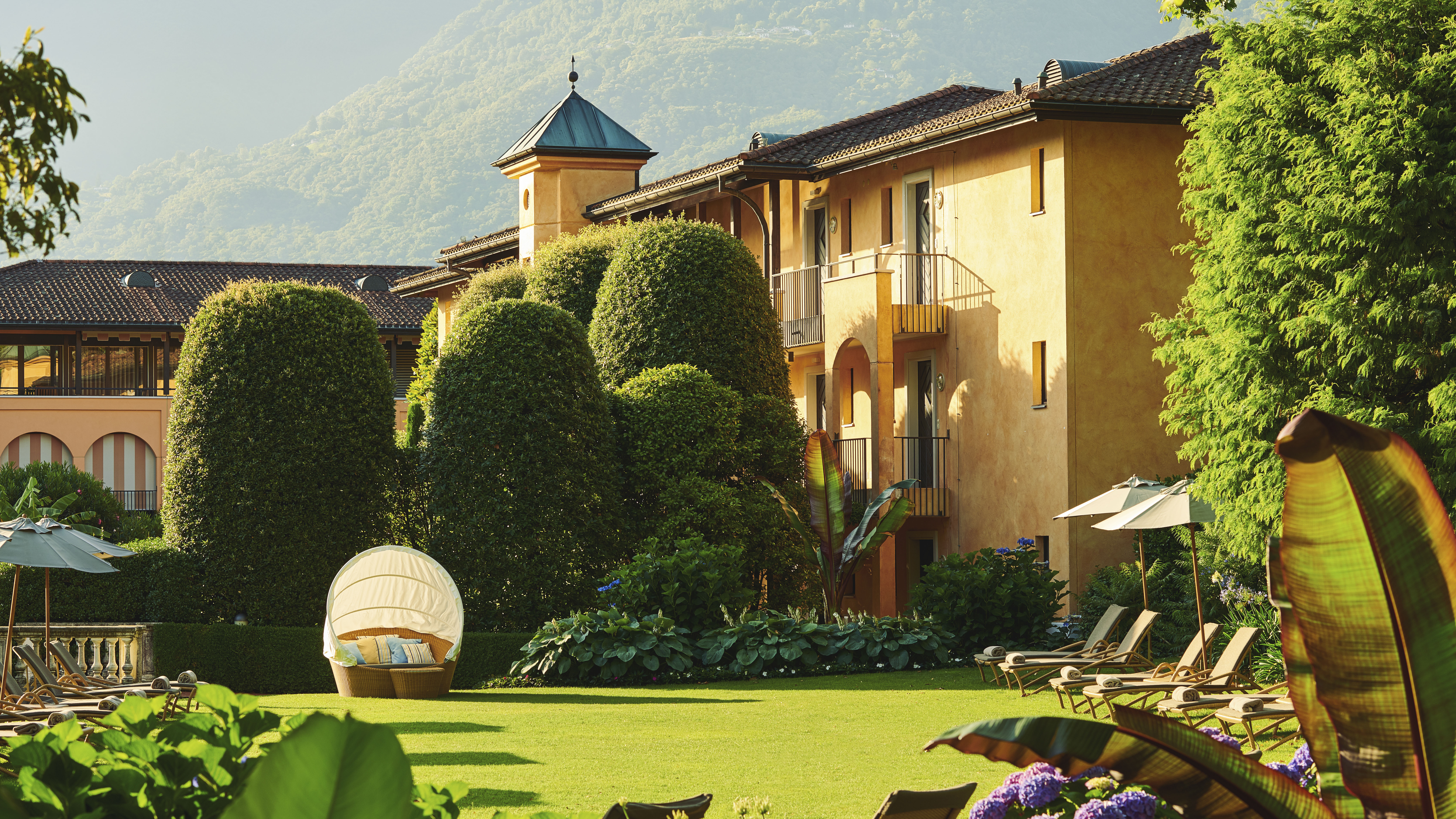 An external view of Hotel Giardino Ascona, Lake Maggiore, and its gardens