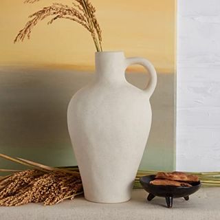BlossoME Antique Ceramic White Vase for Home Decor Stoneware Jug for Room Centerpiece Rustic Farmhouse and Vintage Pottery Gifts Matte with Handle-Height 10”…