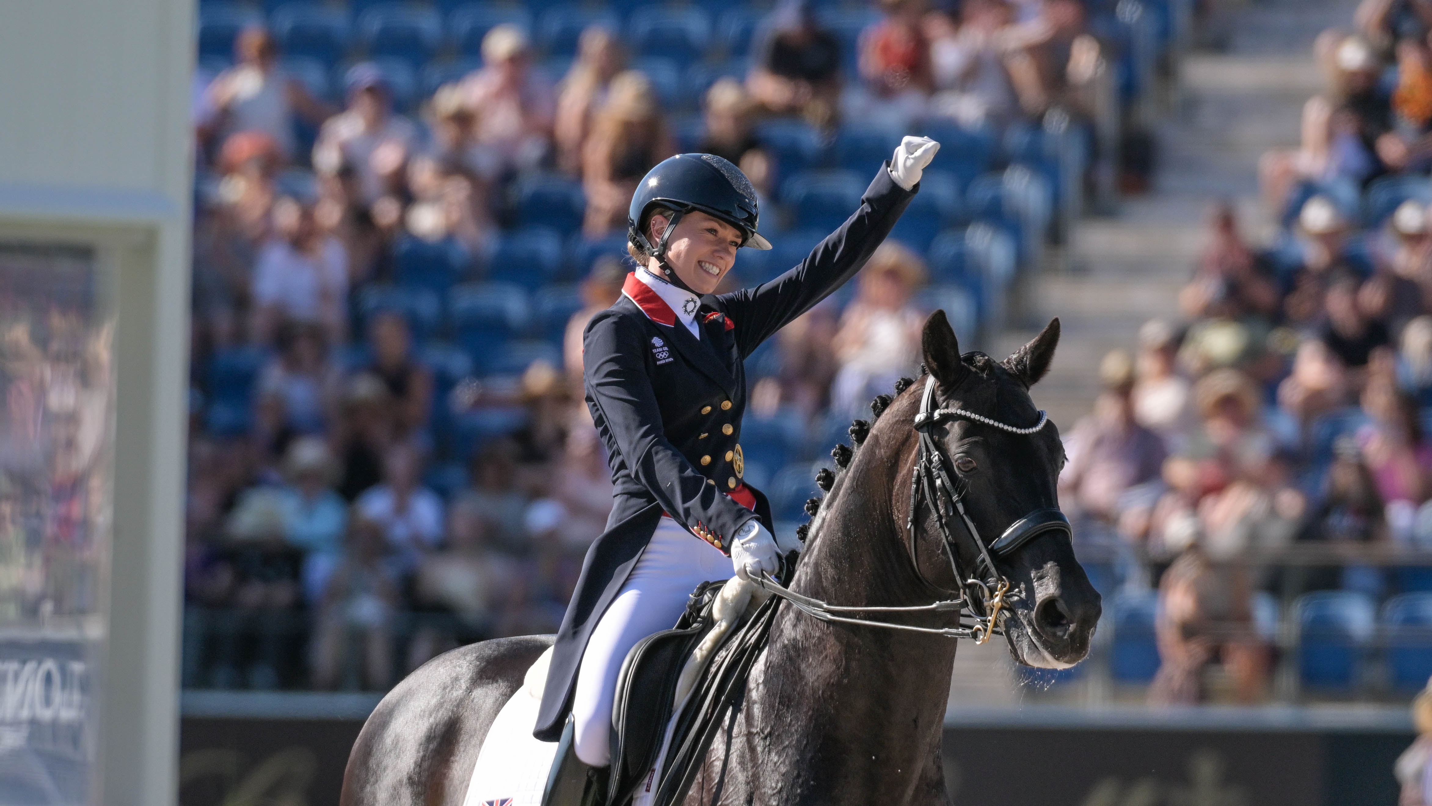 Lottie Fry and Glamourdale celebrate after their grand prix test at the 2026 Aachen World Championships