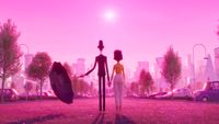 A man with an umbrella and a woman hold hands and look at a bright object in a purple-hued sky. This is a screenshot from the animated movie "Not Alone".