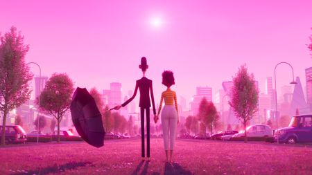 A man with an umbrella and a woman hold hands and look at a bright object in a purple-hued sky. This is a screenshot from the animated movie "Not Alone".