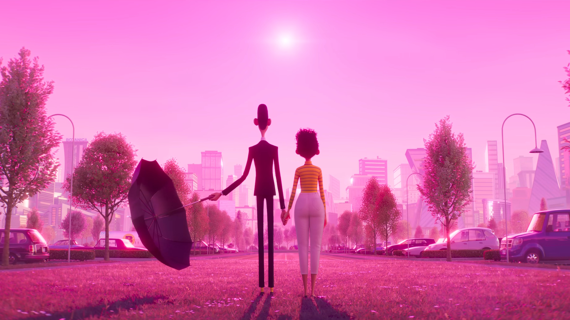 A man with an umbrella and a woman hold hands and look at a bright object in a purple-hued sky. This is a screenshot from the animated movie "Not Alone".
