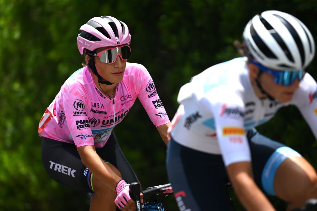 OLBIA ITALY JULY 02 Elisa Balsamo of Italy and Team Trek Segafredo Pink Leader Jersey competes during the 33rd Giro dItalia Donne 2022 Stage 3 a 1134km stage from Cala Gonone to Olbia GiroDonne UCIWWT on July 02 2022 in Olbia Italy Photo by Dario BelingheriGetty Images