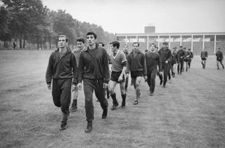 Argentina captain Antonio Rattin (front right) leads out the team for a training session during the 1966 World Cup.