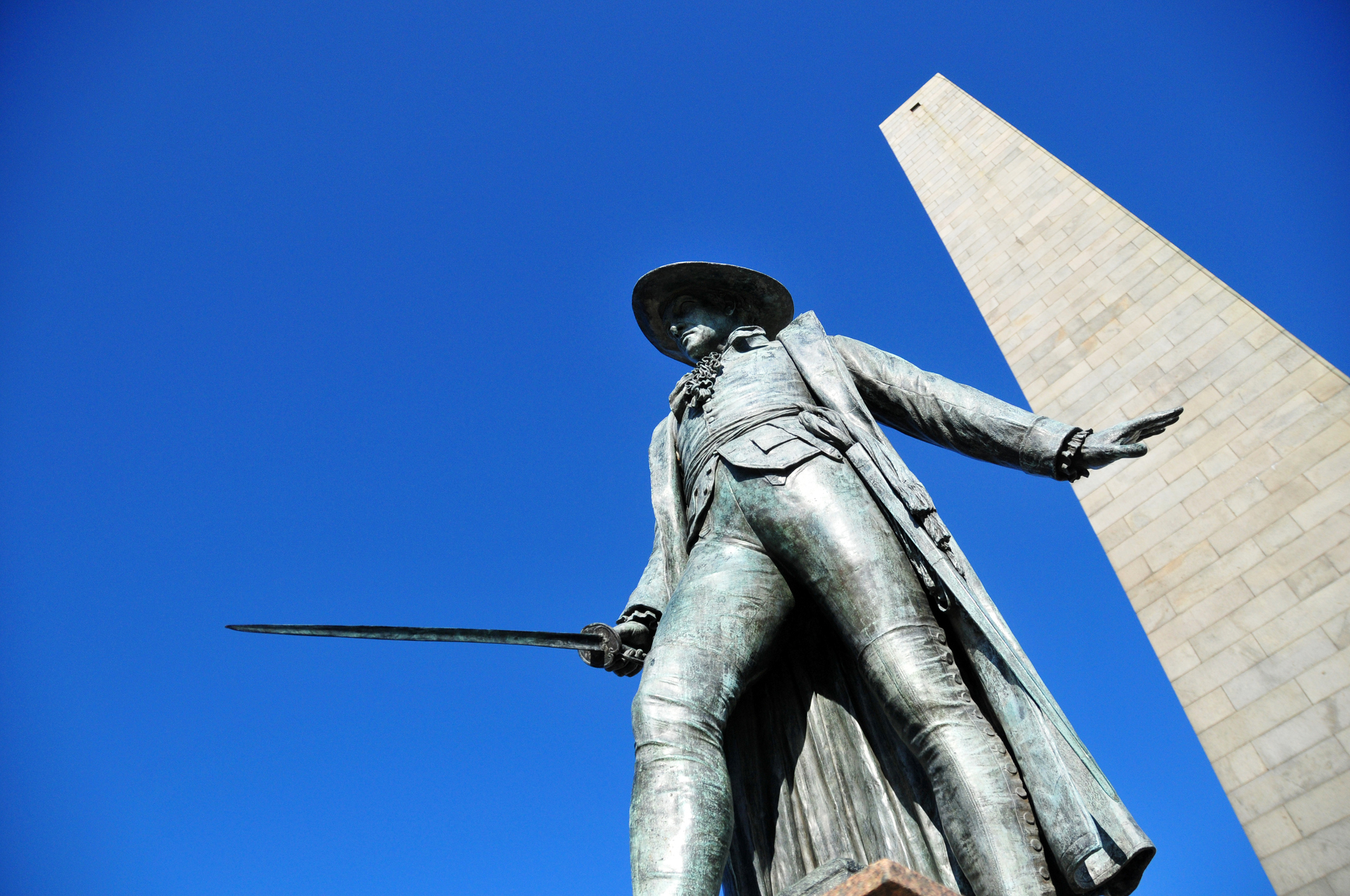 Charlestown - Bunker Hill Monument obelisk and bronze statue of Colonel William Prescott, sculpted by William Wetmore Story