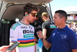 Robbie McEwan interviews Peter Sagan before the start of stage 1 at the Tour Down Under