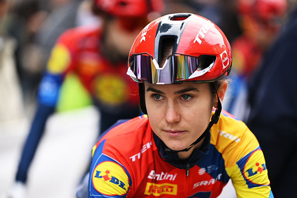 MIRANDOLA, ITALY - OCTOBER 04: Niamh Fisher-Black of New Zealand and Team Lidl - Trek prior to the 12th Giro dell'Emilia Internazionale Donne Elite 2025 a 126.7km one day race from Mirandola to San Luca on October 04, 2025 in Mirandola, Italy. (Photo by Dario Belingheri/Getty Images)