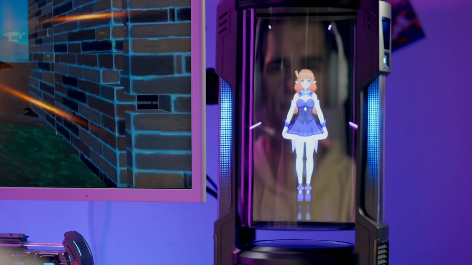 A Code27 character livehouse, showing a man's blank-faced stare reflected in the glass of the character display.