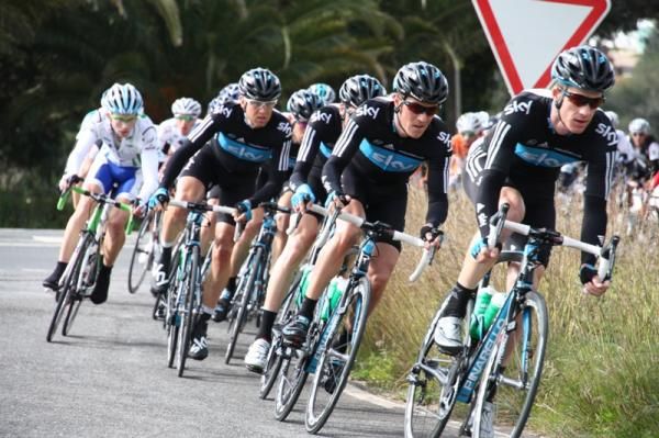 Team Sky riders all lined up in the peloton