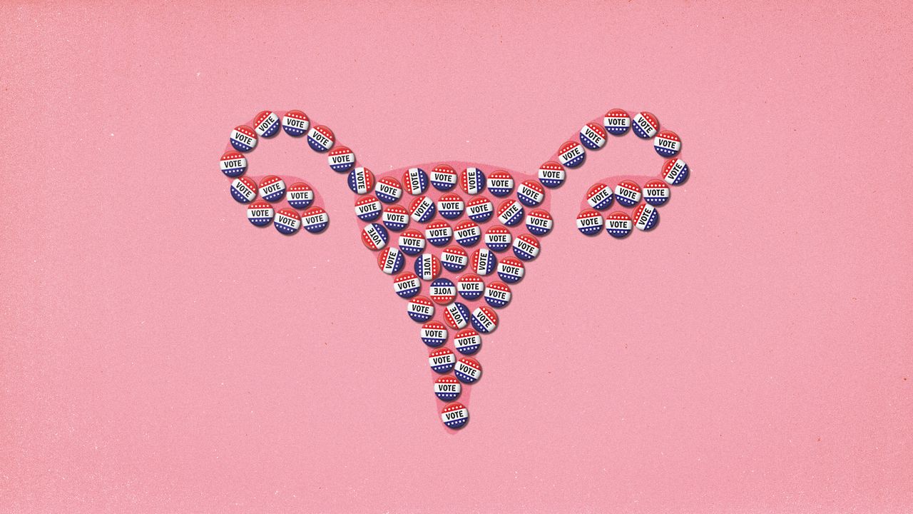 Diagram of a uterus covered in voting badges