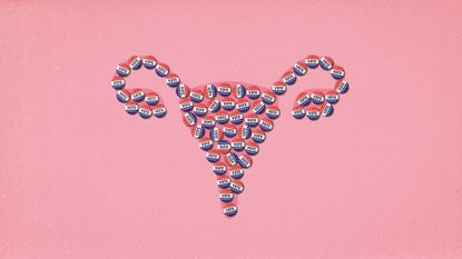 Diagram of a uterus covered in voting badges