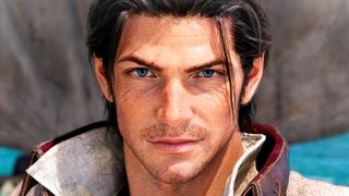 Final Fantasy 14 Dawntrail screenshot showing the Warrior of Light, a human man with lengthy swept-back brown hair, blue eyes, and facial hair stubble, smiling slightly