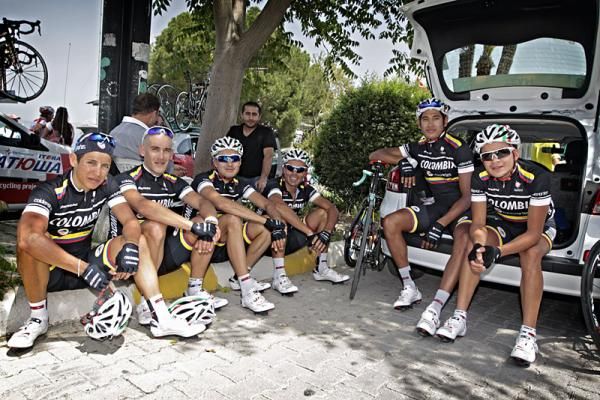 The Colombia Coldeportes team relaxes before stage 4 at the Tour of Turkey.