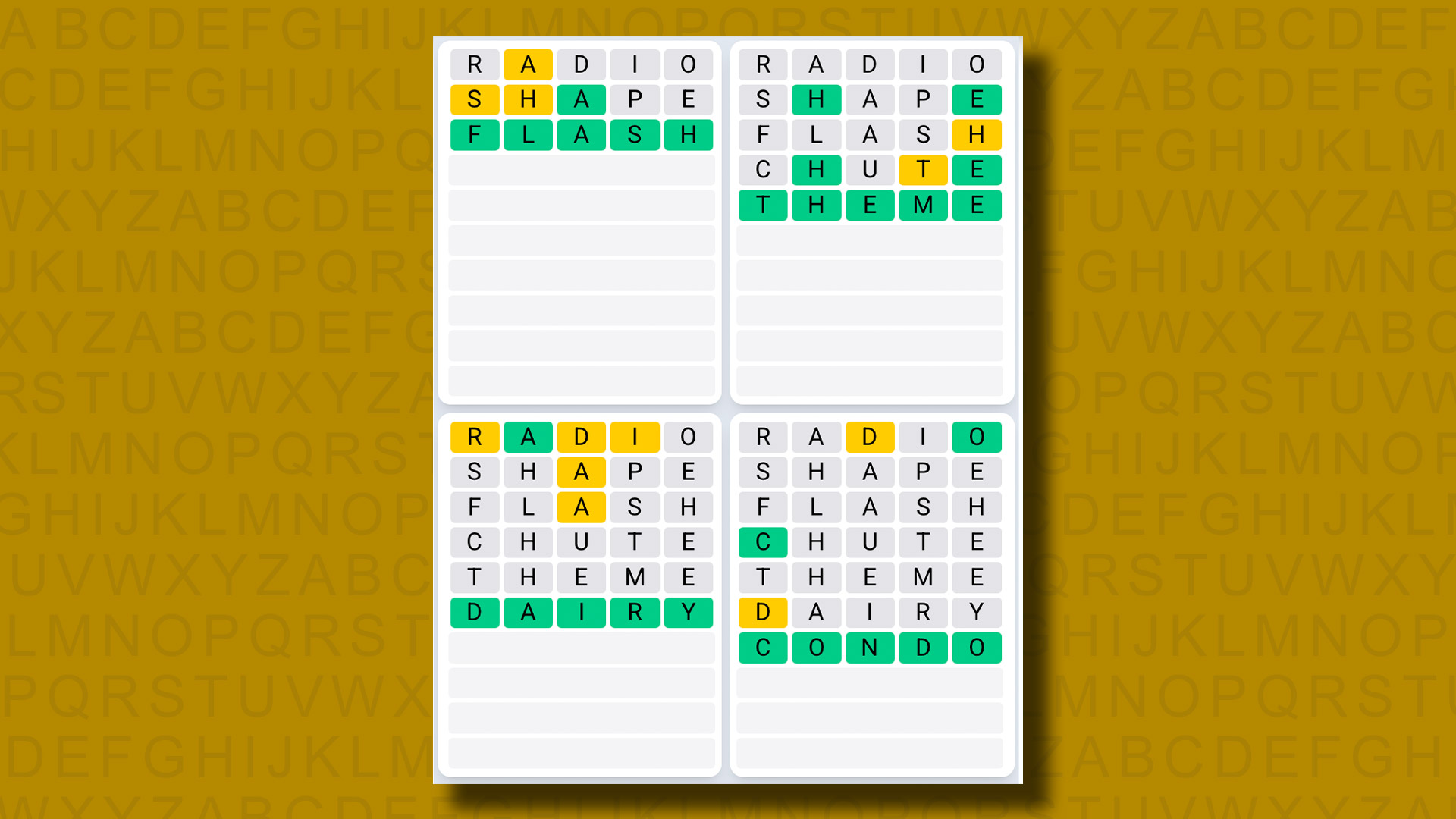 Quordle Daily Sequence answers for game 1316 on a yellow background