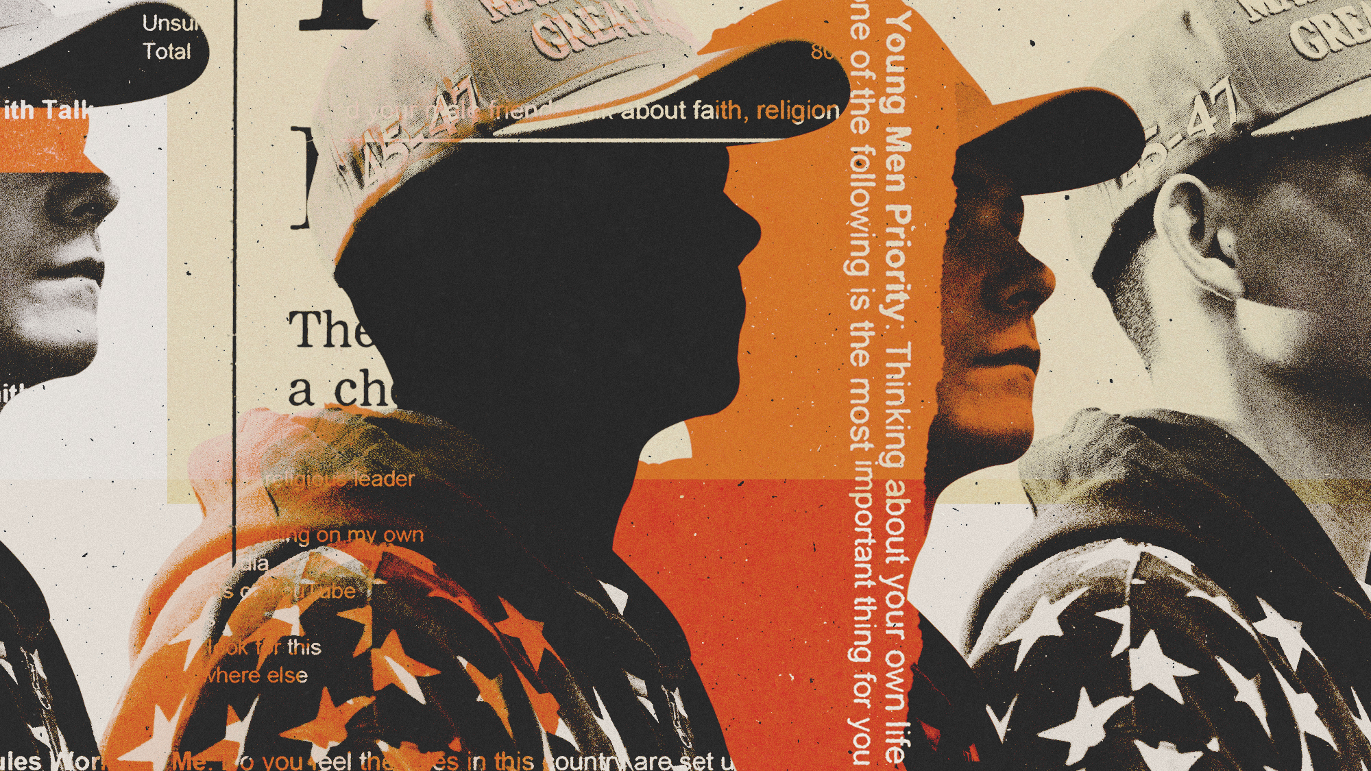 Photo collage illustration of a young, male MAGA voter inlaid with text from a Cygnal poll
