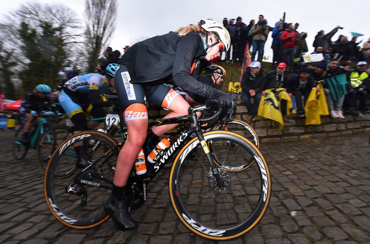 Anna van der Breggen in the peloton before her attack to claim the win