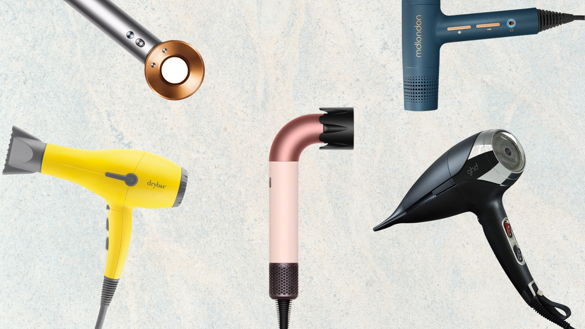 A collage of the best hair dryers featured in this guide, including product shots of models from Drybar, Dyson, mdlondon and ghd, all pictured on a white and green textured, marble template
