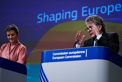 European Commission Executive Vice-President Margrethe Vestager(L) and EU Commissioner for Internal Market Thierry Breton (R) give a press conference on Artificial Intelligence (AI) on Februa