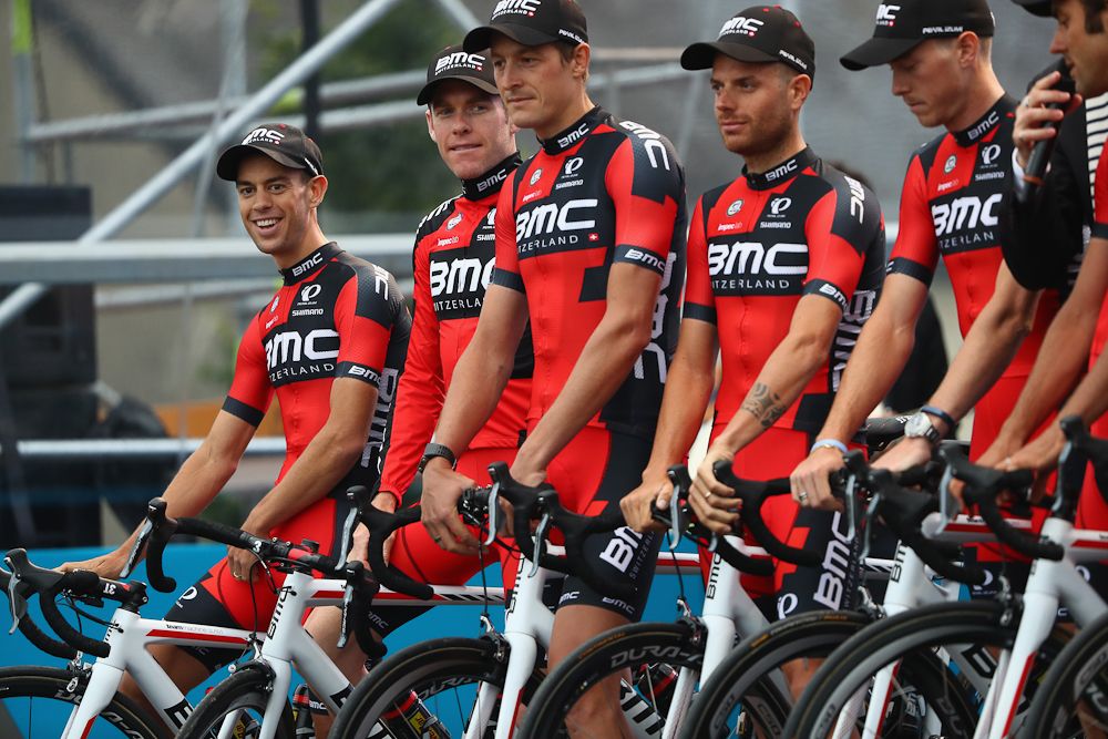 BMC riders on stage at the Tour presentation