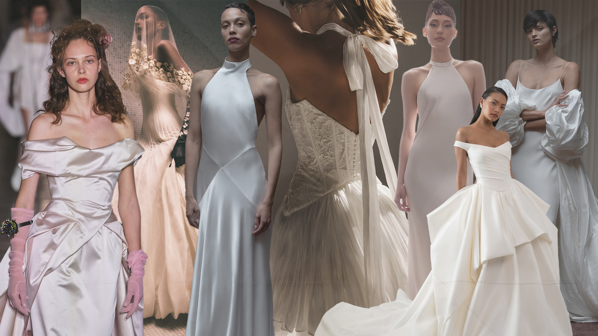 Photo collage of woman wearing bridal dresses