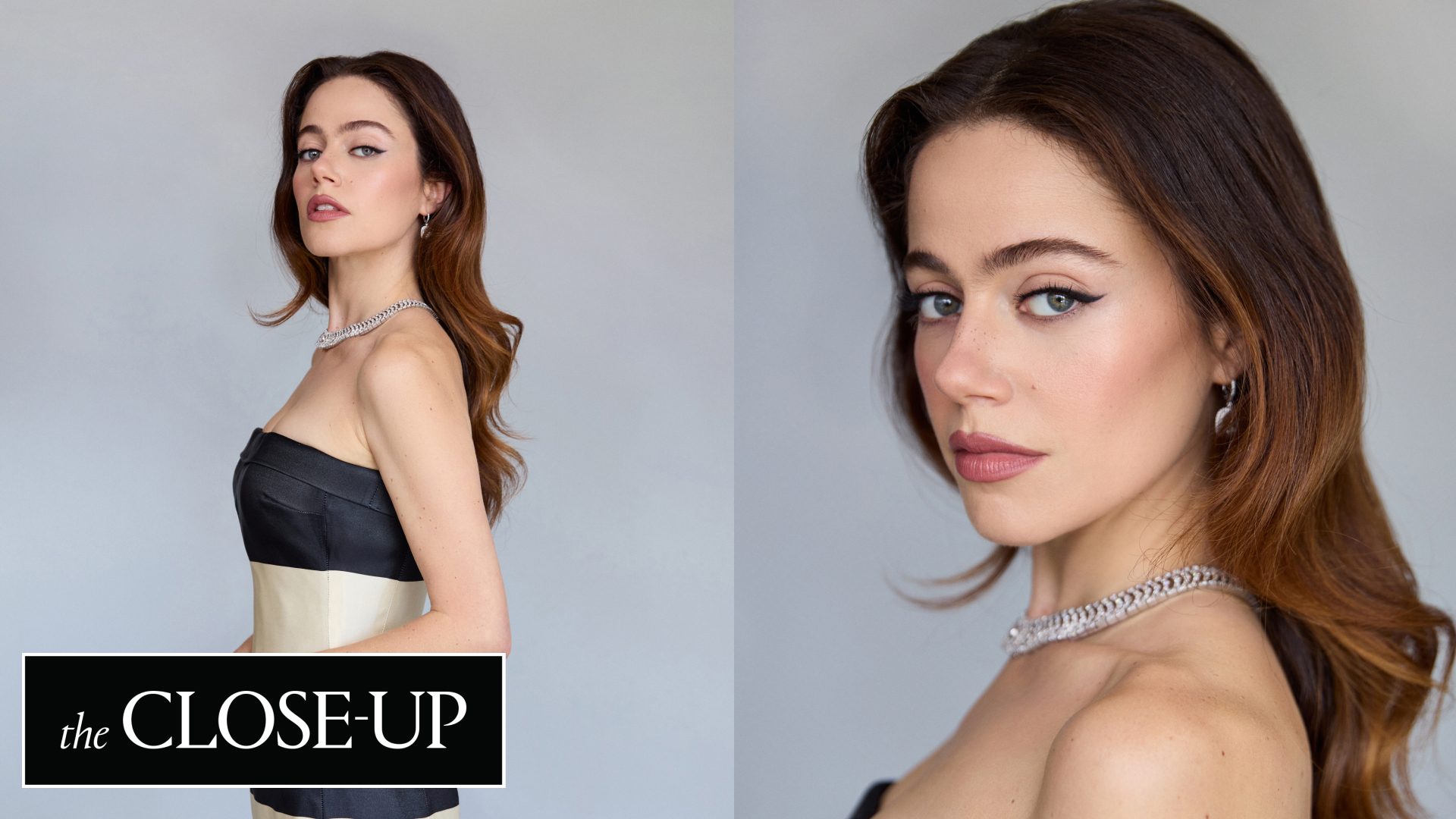 a split image of molly gordon wearing a black and white armani dress and a close up of her makeup at the 2025 emmys