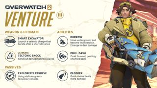 Overwatch 2's Season 10 Damage Hero, Venture, features abilities including a smart excavator projectile launcher, burrowing, and a drill dash knock back.