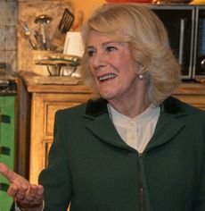 Queen Camilla wearing a green coat and smiling at a table with actress Victoria Smurfit