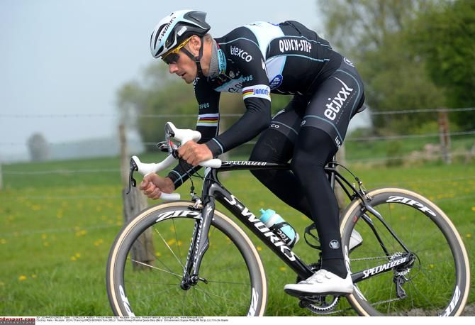 Tom Boonen (Omega Pharma-Quickstep) pre-rides the Paris-Roubaix course