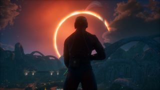 The Outer Worlds 2 - the back of a character looking at a huge planet in the night sky