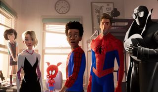 The Spider-People all together in Miles's dorm in Spider-Man Into The Spider-Verse.