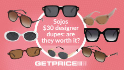 Pink background with write writing that says Sojos $30 designer dupes: are they worth it? With scattered images of sunglasses around it