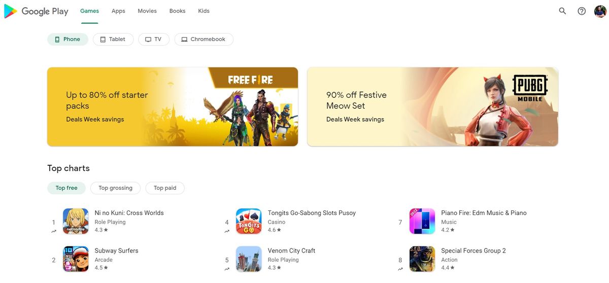 Google Play Store's new games tab on desktop