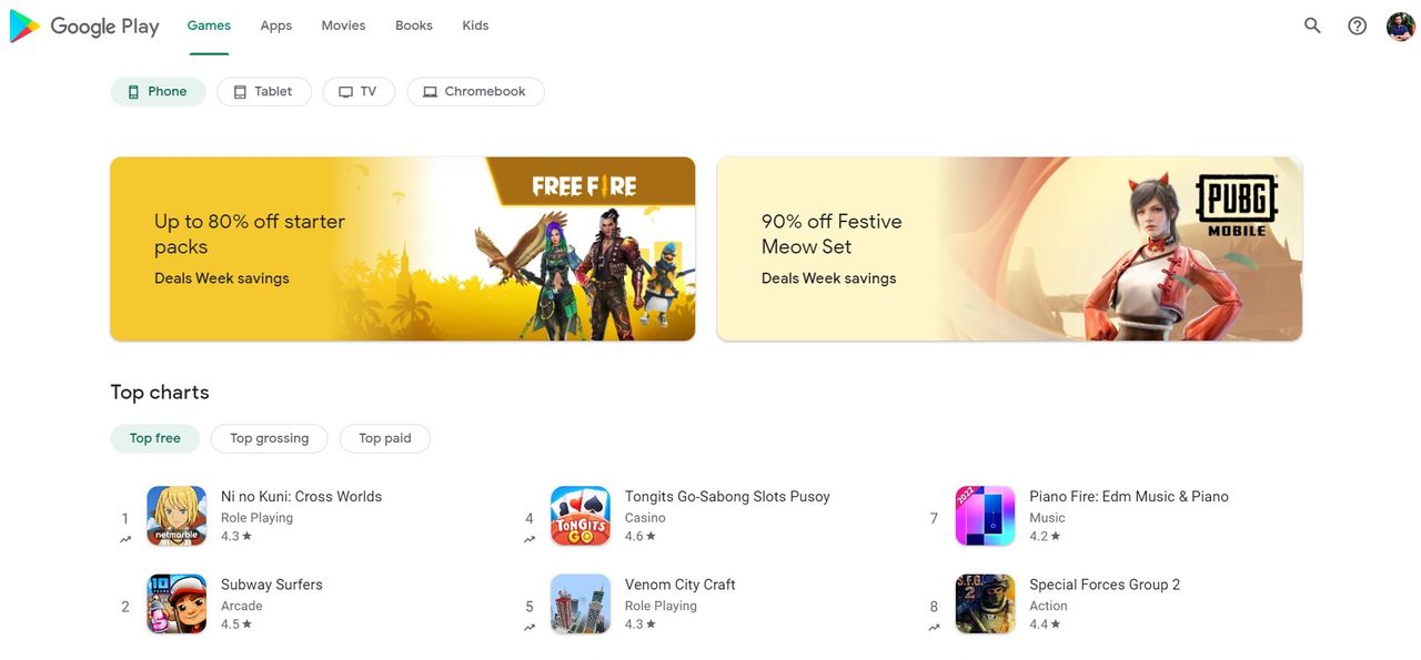 Google Play Store's new games tab on desktop