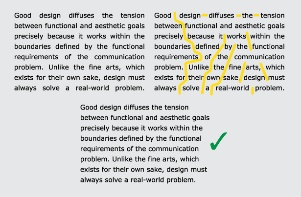 Justied type on the web should be avoided, as varying type size and lack of hyphenation often result in huge word spaces and rivers of white space for some viewers. Quote by Kevin Mullet and Darrell Sano