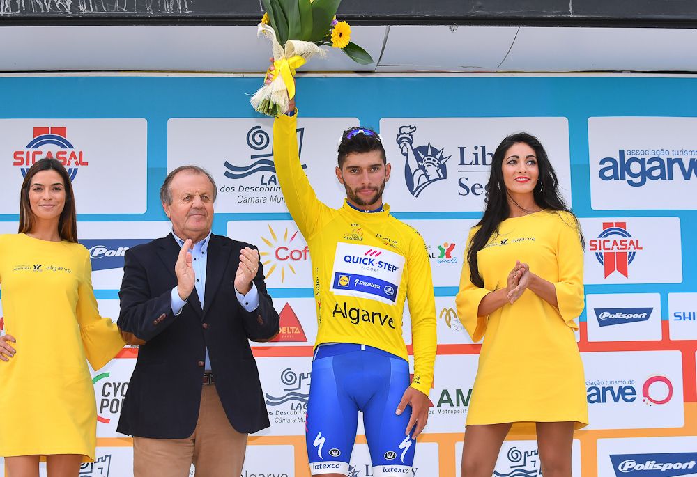 Fernando Gaviria in yellow on the Volta ao Algarve stage 1 podium