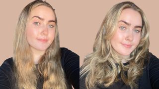 composite of woman&home beauty writer before and after using the shark flexstyle curling barrels