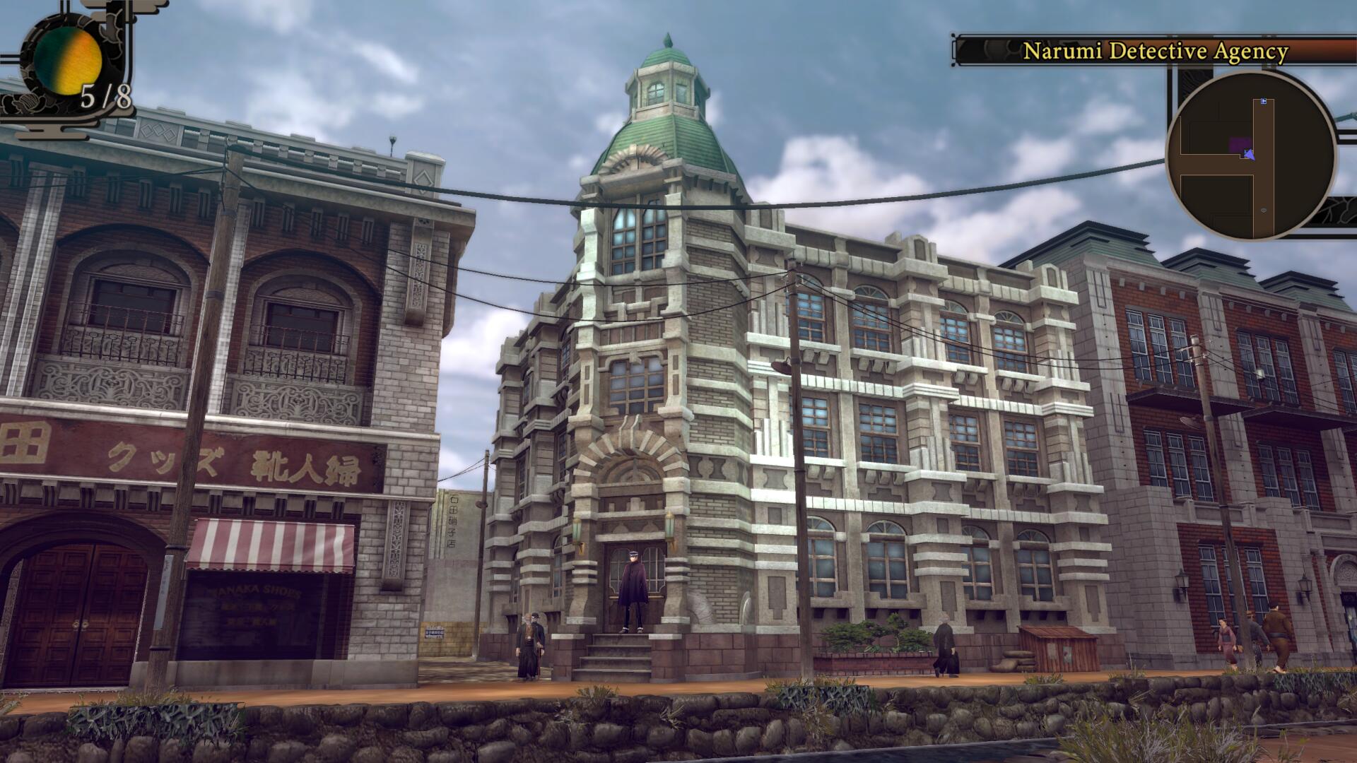 Standing outside the Narumi Detective Agency in Raidou Remastered: The Mystery of the Soulless Army