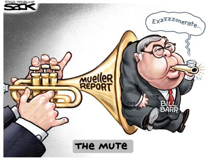 Political Cartoon U.S. Trump DOJ Bill Barr Mueller Report no collusion