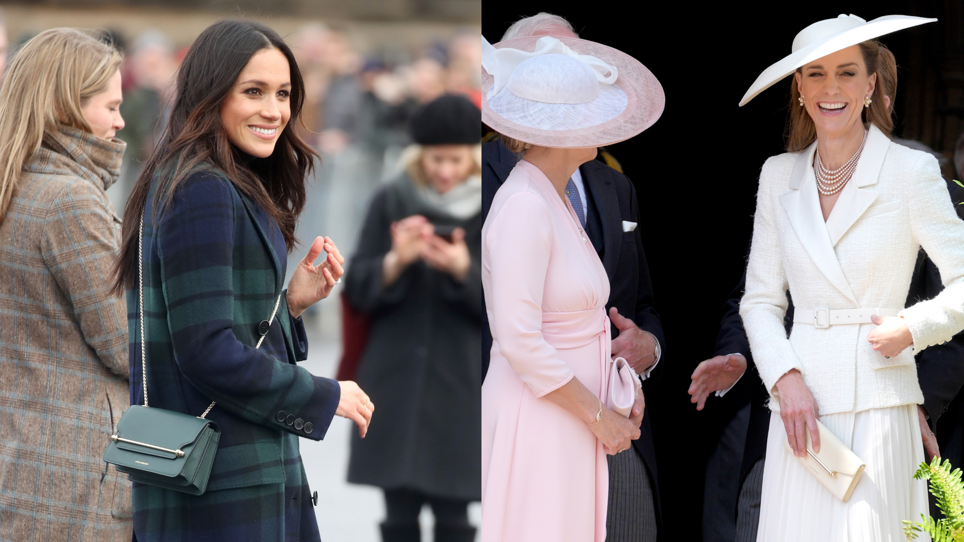 Meghan Markle in a plaid coat with a green purse; Kate Middleton laughing in a white hat and dress 