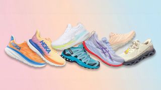 Running shoes from Hoka, Asics, Salomon, Adidas and Skechers on rainbow gradient background