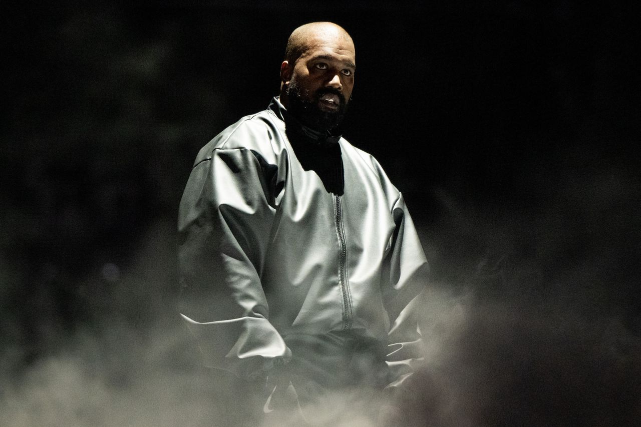 INGLEWOOD, CALIFORNIA - MARCH 14: Rapper Kanye West performs onstage during the &quot;Vultures 1&quot; playback concert during Rolling Loud 2024 the at Hollywood Park Grounds on March 14, 2024 in Inglewood, California.