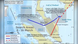The planned route, final route and initial search area for MH370 in Southeast Asia.