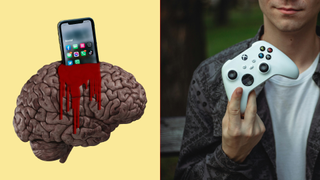 Social media melting the brain and someone holding an xbox controller