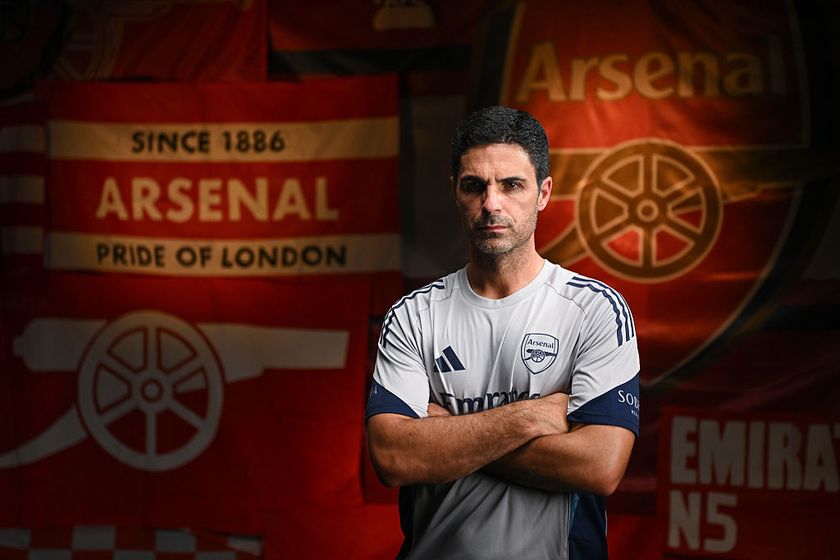 Mikel Arteta, Manager of Arsenal during the Arsenal Premier League Headshots 25/26 at London Colney on August 12, 2025 in St Albans, England.